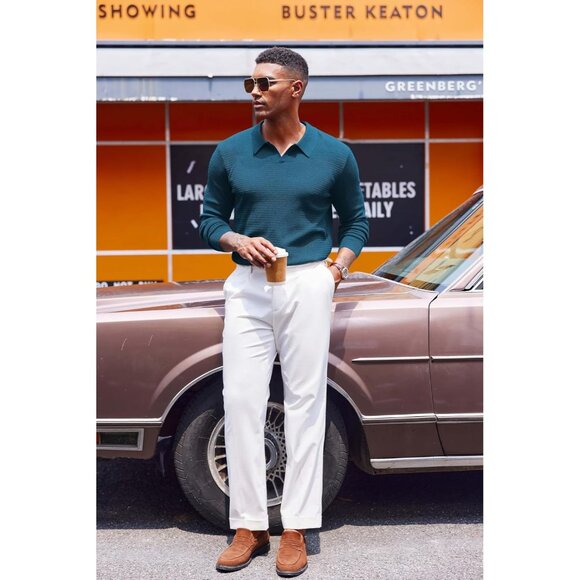 Men's Knit Polo Sweater V-Neck Long Sleeve Dress Pullover Sweater Peacock Blue - Picture 4 of 5